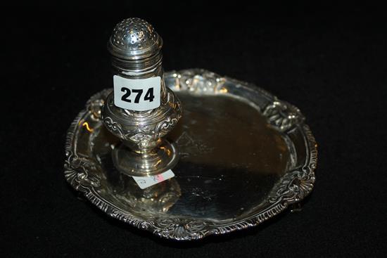 George III silver waiter (a.f.) and a George III silver pepperette (later embossed)